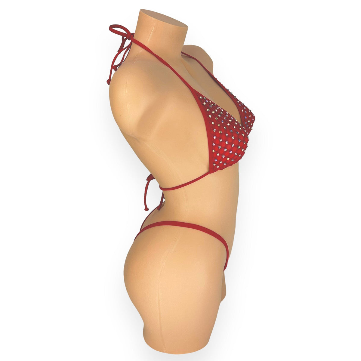 Red Katie rhinestone cabaret net 'kini, side view on white - Golddiggers Boutique