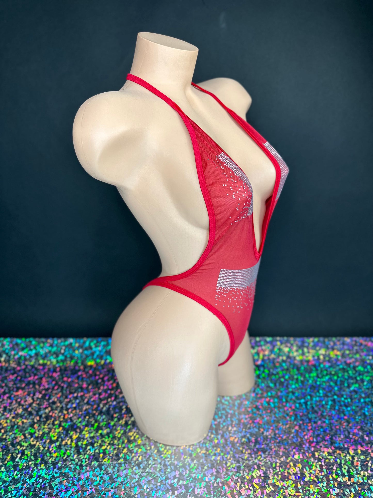 Jocelyn red mesh rhinestone bodysuit zig-zag stitching, detail view — Golddiggers Boutique exotic dancewear