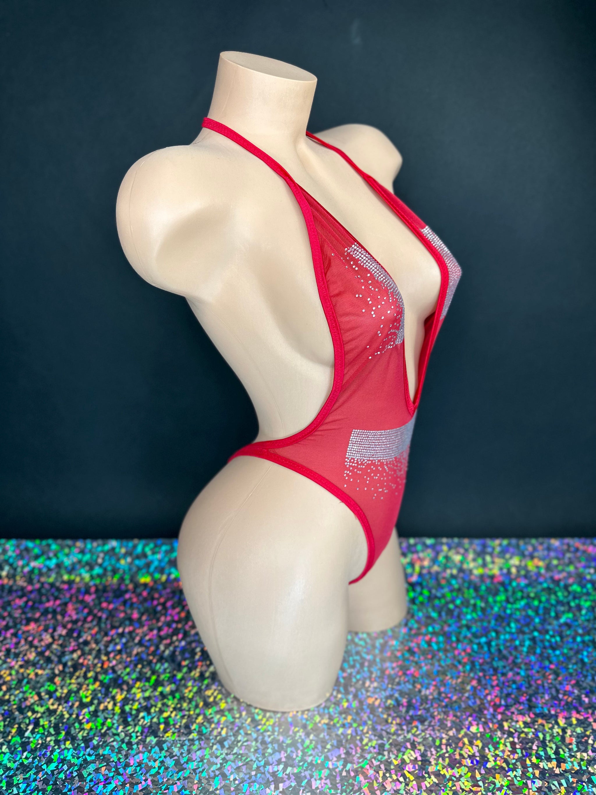Jocelyn red mesh rhinestone bodysuit zig-zag stitching, detail view — Golddiggers Boutique exotic dancewear