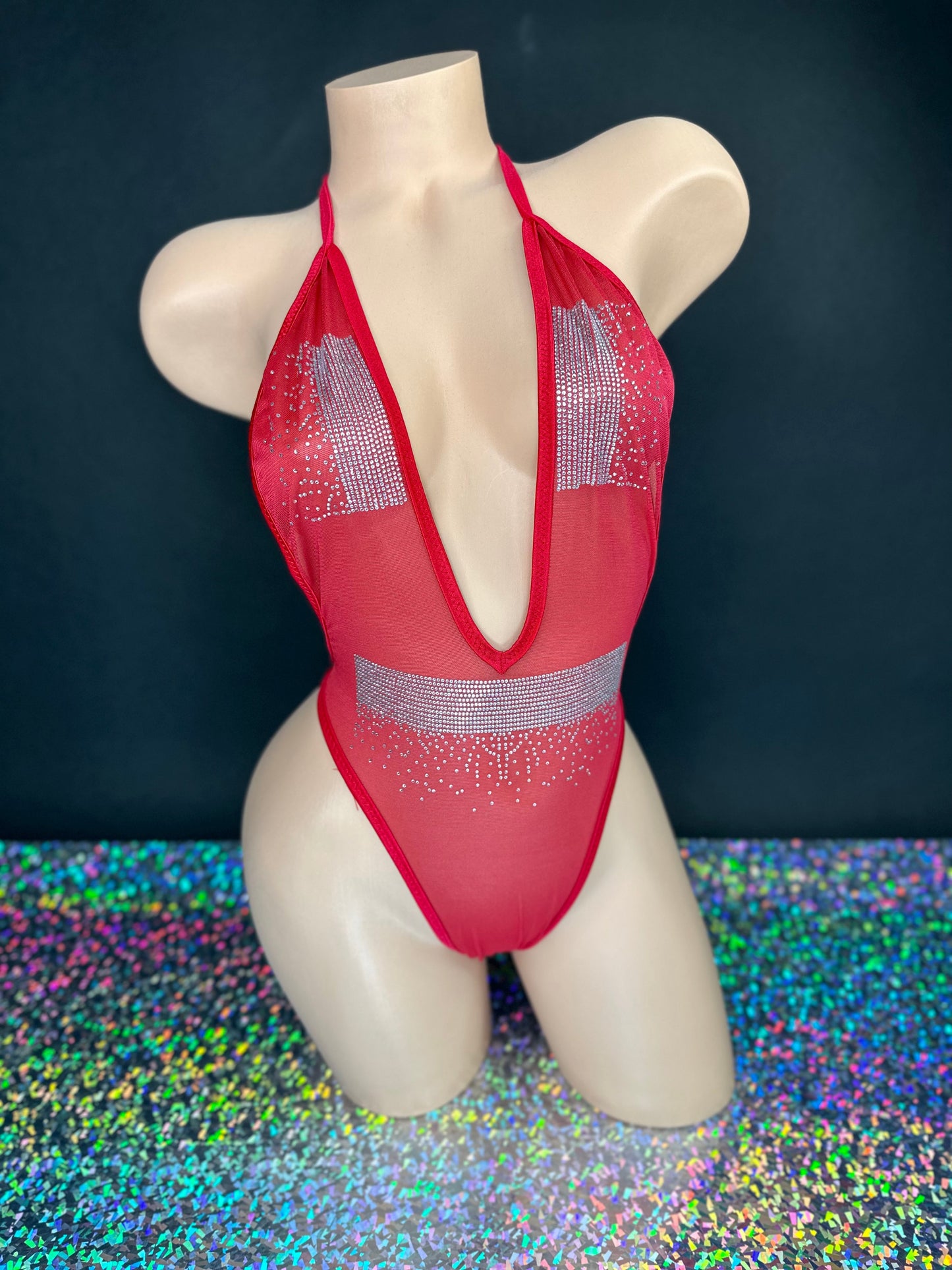 Jocelyn red mesh rhinestone bodysuit v-neck neckline, side view — Golddiggers Boutique exotic dancewear