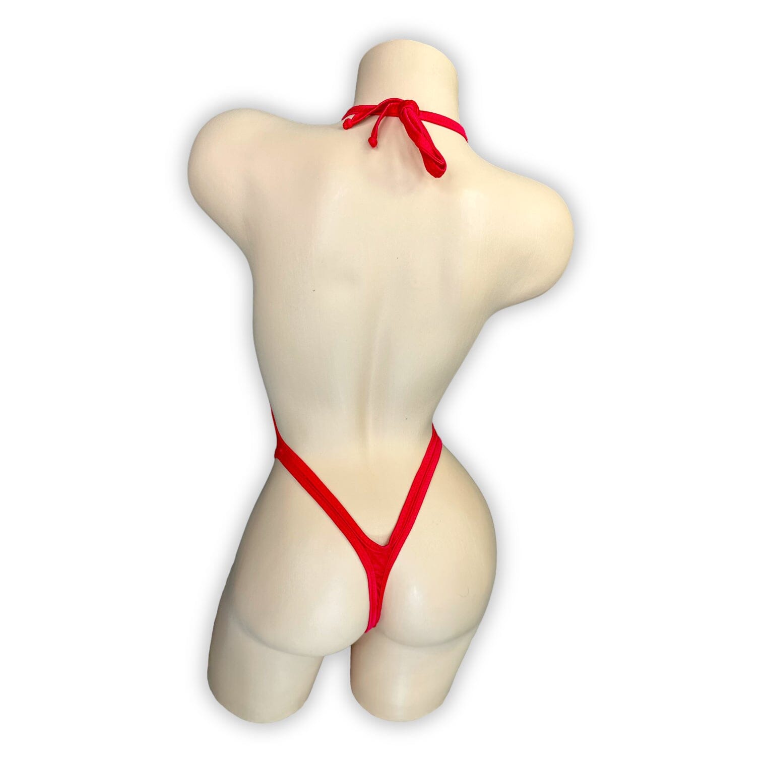 Jocelyn red mesh rhinestone bodysuit showing thong back, back view — Golddiggers Boutique exotic dancewear