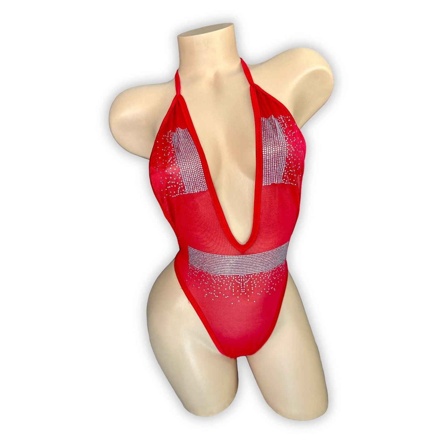 Jocelyn red mesh rhinestone bodysuit with v-neck, front view — Golddiggers Boutique exotic dancewear