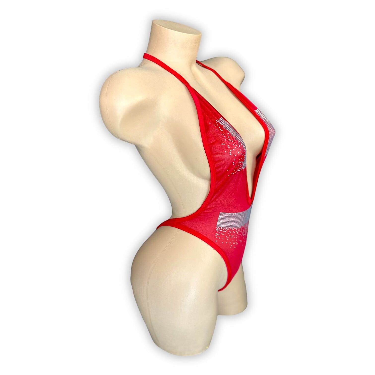 Jocelyn red mesh bodysuit rhinestone applique detail, close-up — Golddiggers Boutique exotic dancewear