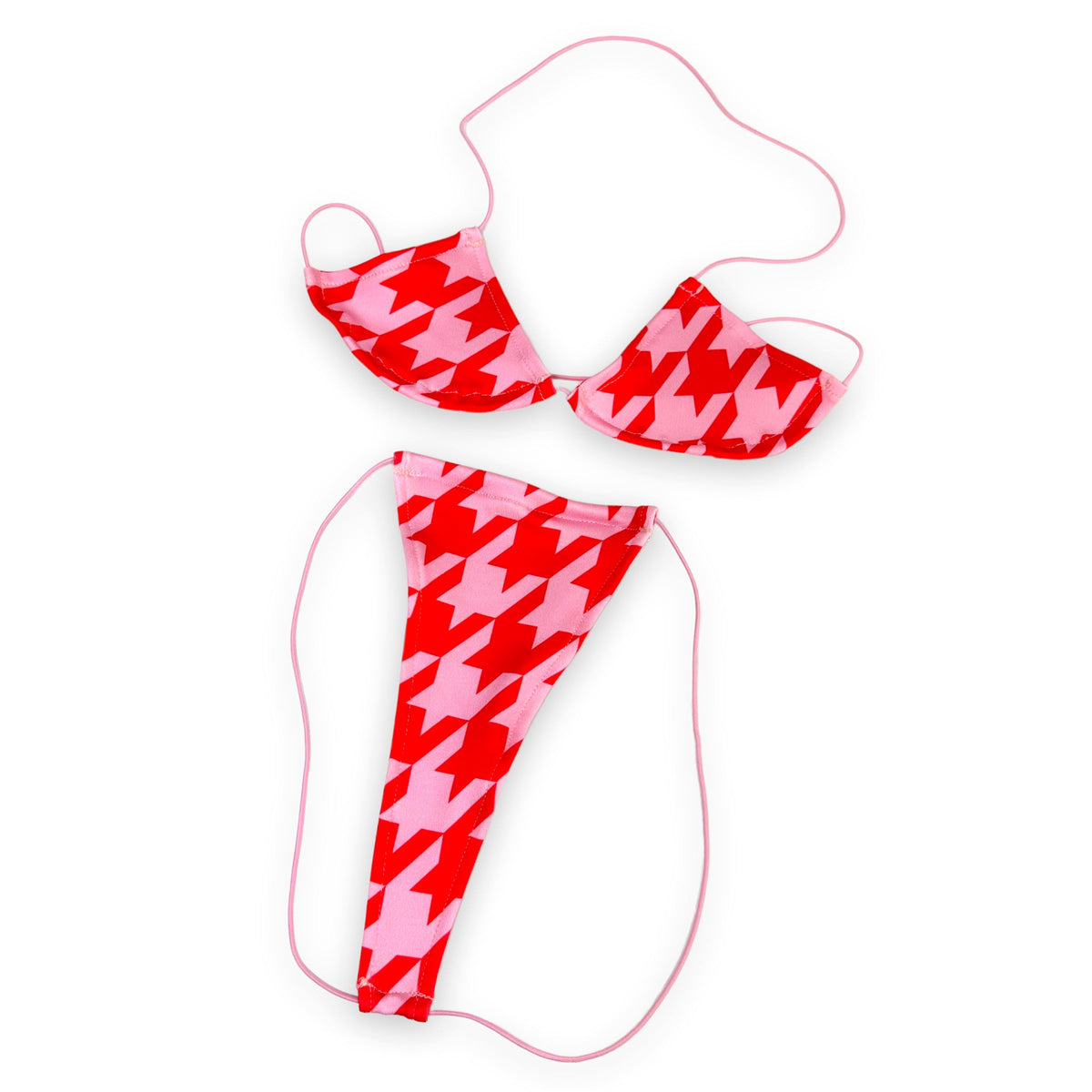 Red & Pink Houndstooth micro 'kini, flat lay of triangle top and g-string thong on pink strings