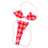 Red & Pink Houndstooth micro 'kini, flat lay of triangle top and g-string thong on pink strings