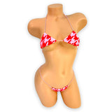Red & Pink Houndstooth micro 'kini, front view on mannequin, Golddiggers Boutique