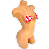 Red & Pink Houndstooth micro 'kini, side view on mannequin