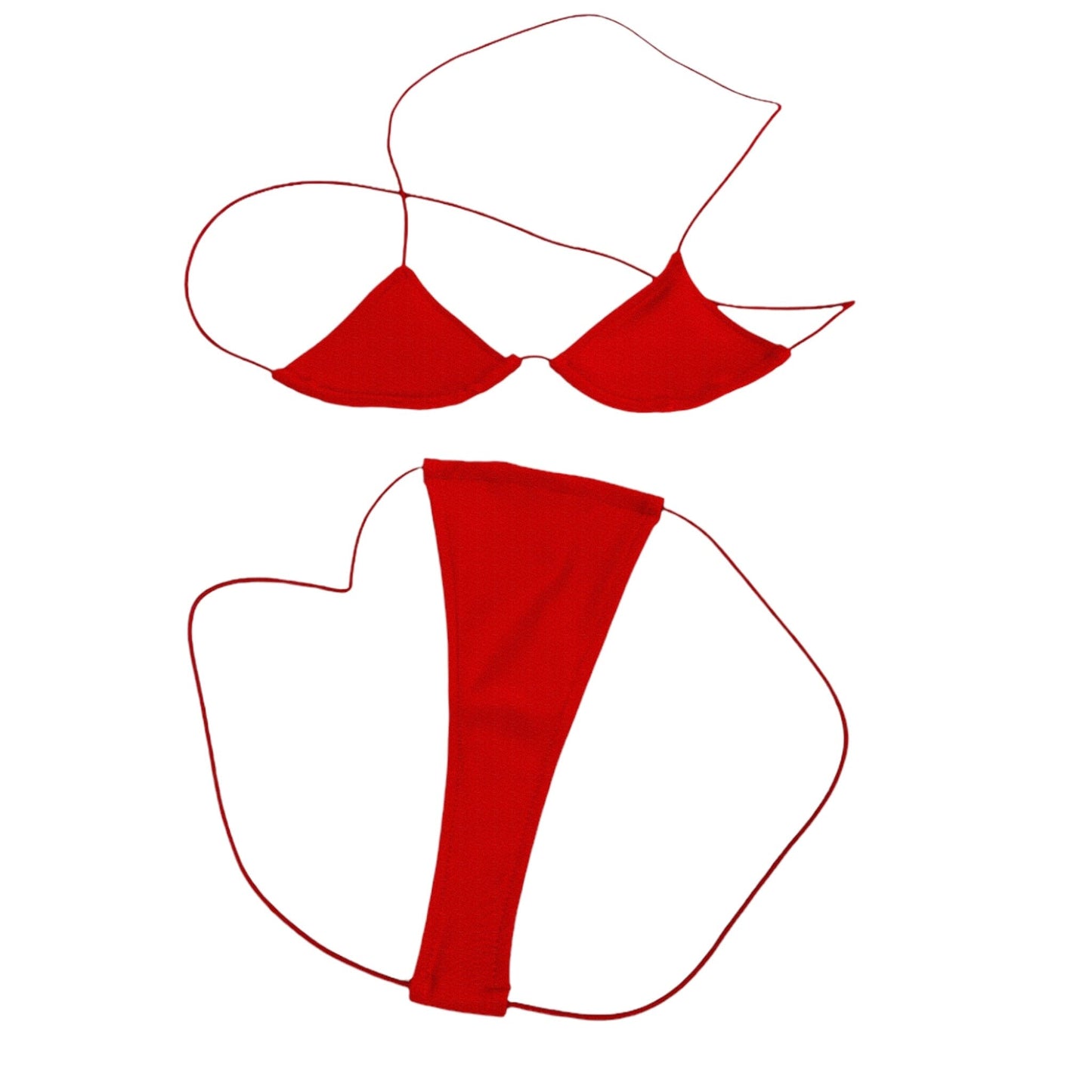 Red micro triangle bikini set flat lay view — Golddiggers Boutique