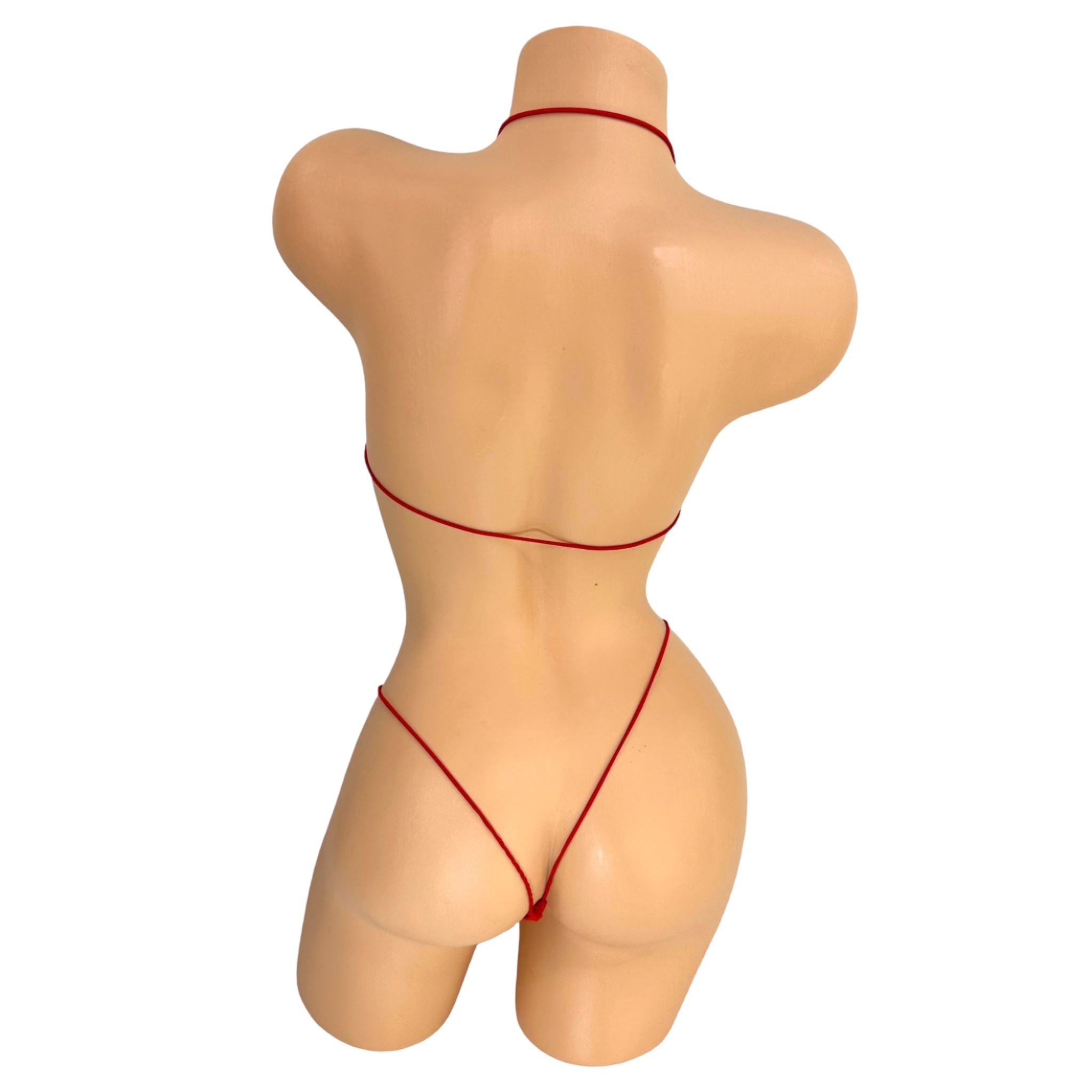 Red teeny tiny micro bikini back view showing g-string thong — Golddiggers Boutique exotic dancewear