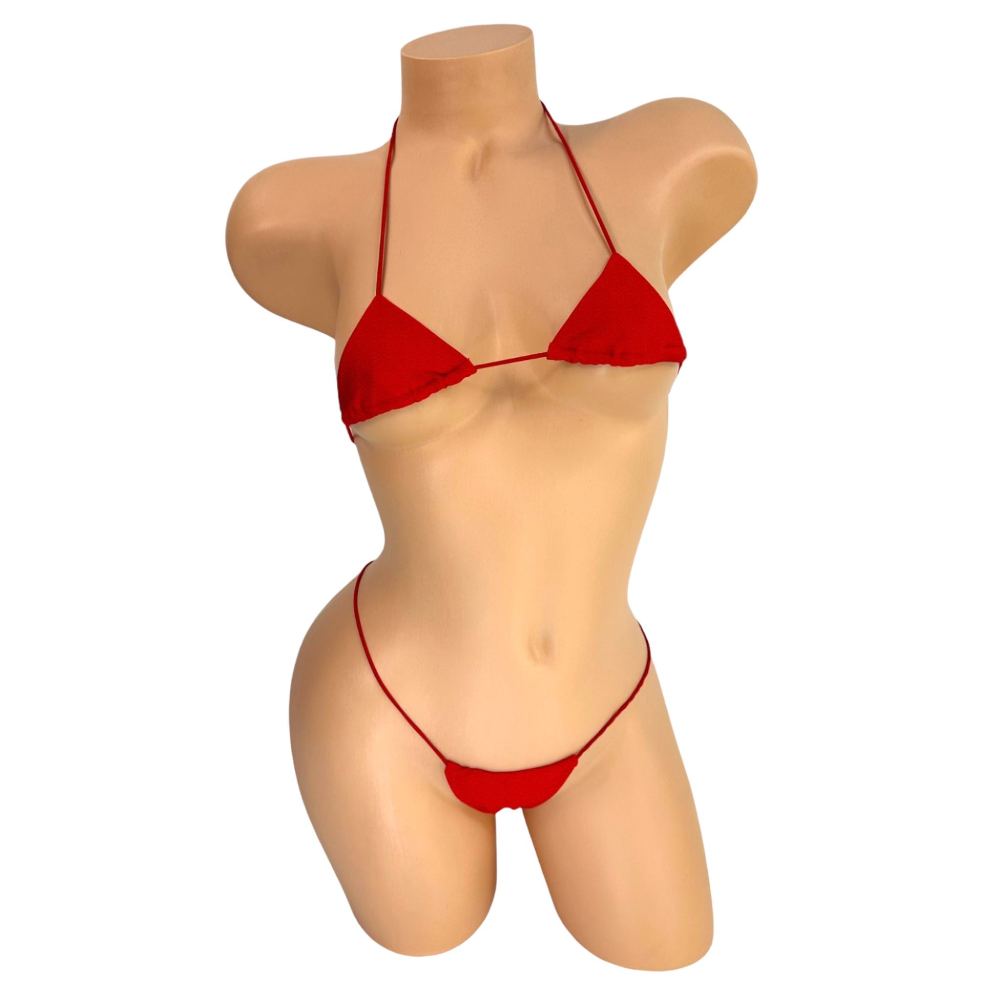 Red teeny tiny micro triangle bikini set with elastic straps, front view on mannequin — Golddiggers Boutique exotic dancewear
