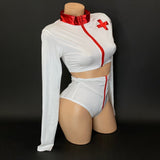Toni white nurse costume complete three-piece set, side view — Golddiggers Boutique exotic dancewear