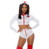 Toni white nurse costume set with hat and zip crop top, front view — Golddiggers Boutique exotic dancewear