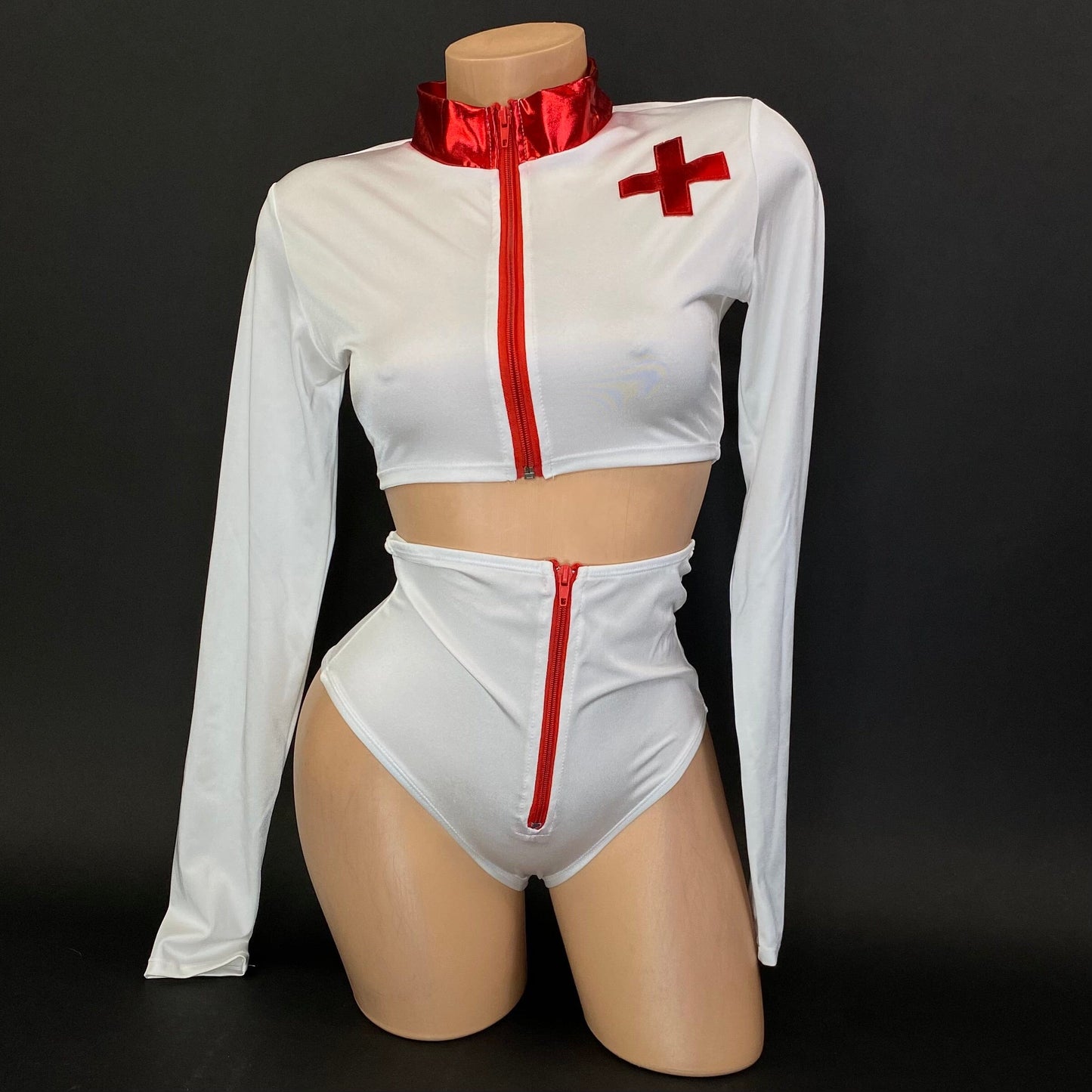 Toni white nurse hat with red cross detail, close-up view — Golddiggers Boutique exotic dancewear