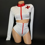 Toni white nurse hat with red cross detail, close-up view — Golddiggers Boutique exotic dancewear