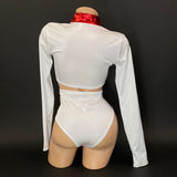 Toni white nurse costume zip-front crop top detail, flat lay — Golddiggers Boutique exotic dancewear