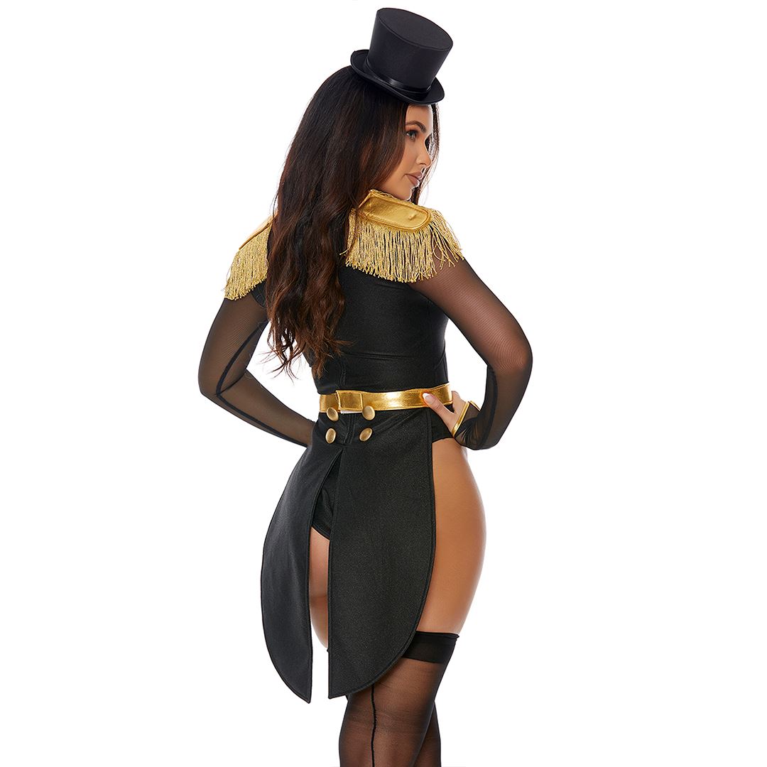 Ringleader mesh bodysuit close-up showing gold accents and fringe details — Golddiggers Boutique exotic dancewear