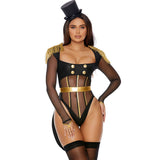 Ringleader black and gold mesh bodysuit with fringe detailing, front view — Golddiggers Boutique exotic dancewear