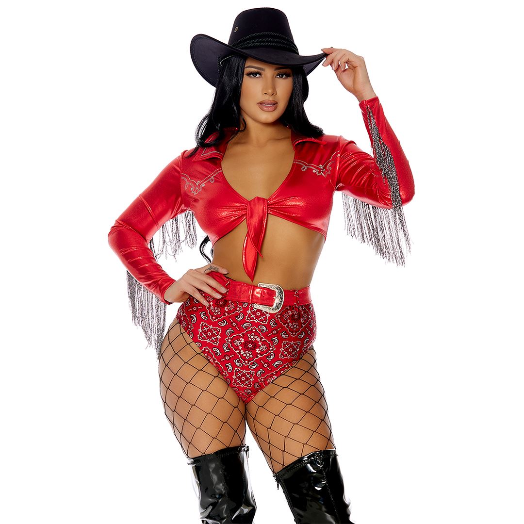 Rodeo Fever red fringe crop top and shorts western costume set, front view — Golddiggers Boutique exotic dancewear