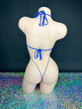 Harley royal blue slingshot bodysuit with mesh panels, flat lay — Golddiggers Boutique exotic dancewear