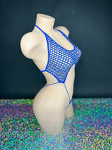 Harley royal blue slingshot bodysuit cabaret net texture, close-up — Golddiggers Boutique exotic dancewear