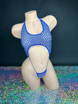 Harley royal blue slingshot bodysuit elastic thong detail, close-up — Golddiggers Boutique exotic dancewear