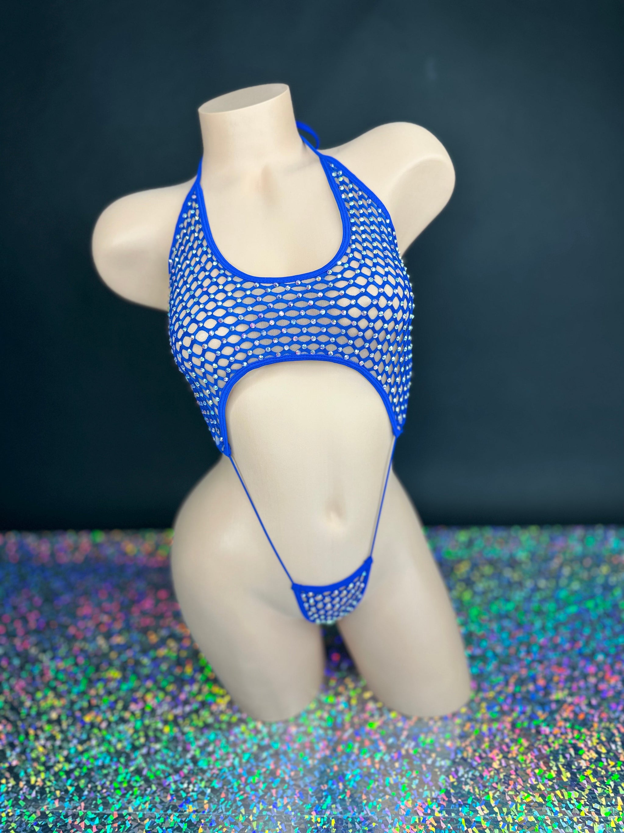 Harley royal blue slingshot bodysuit elastic thong detail, close-up — Golddiggers Boutique exotic dancewear
