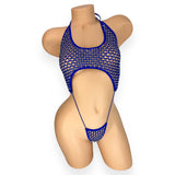 Harley royal blue slingshot bodysuit with mesh panels, front view — Golddiggers Boutique exotic dancewear