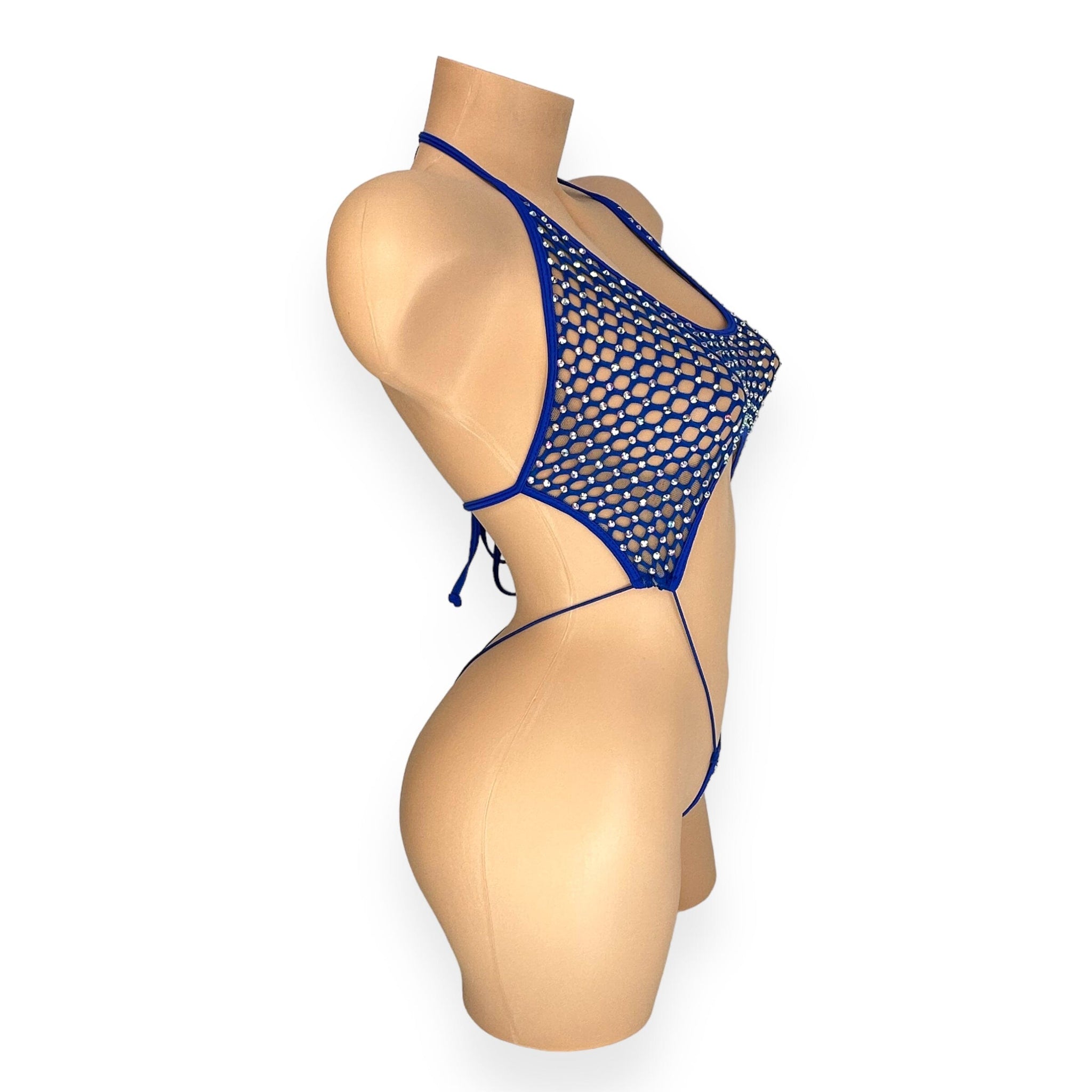 Harley royal blue slingshot bodysuit with mesh panels, side view — Golddiggers Boutique exotic dancewear