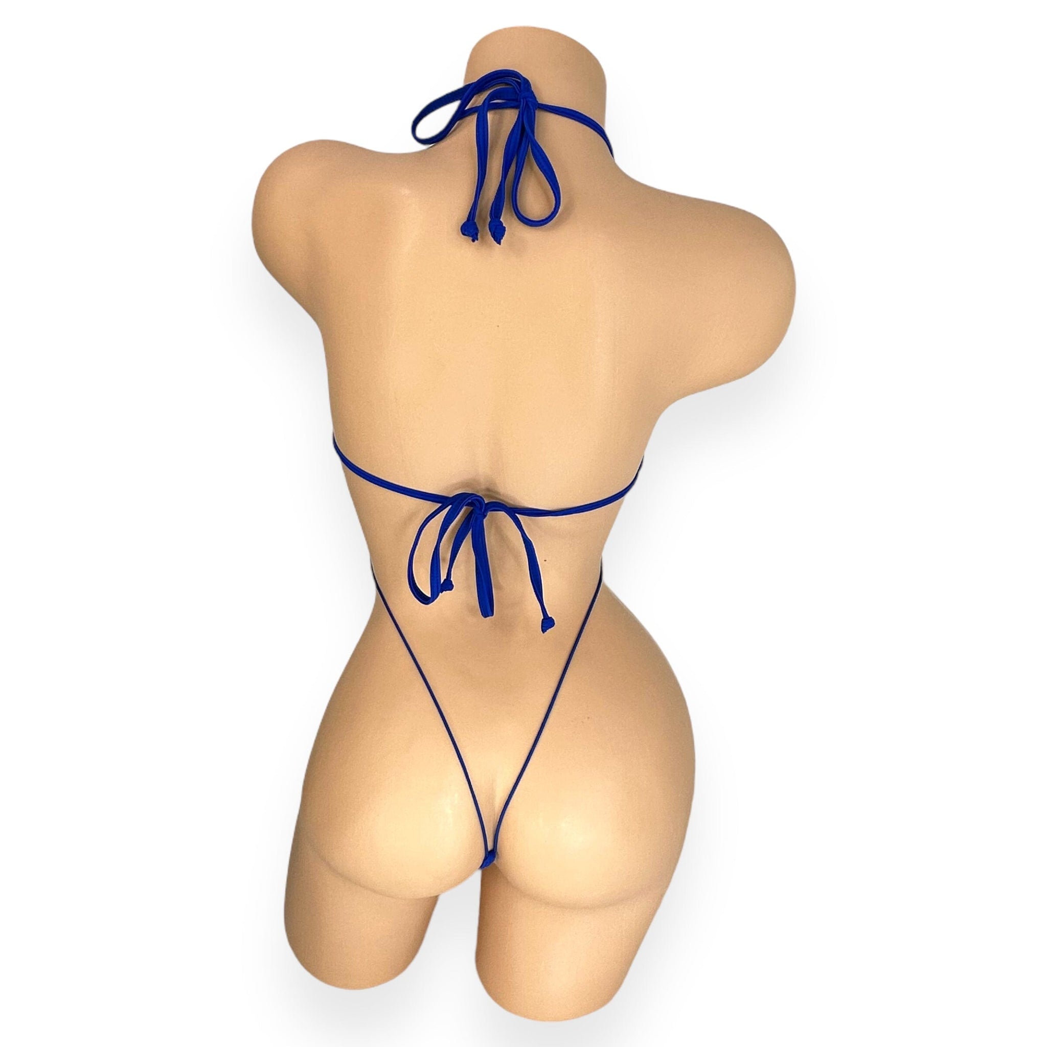 Harley royal blue slingshot bodysuit with mesh panels, back view — Golddiggers Boutique exotic dancewear