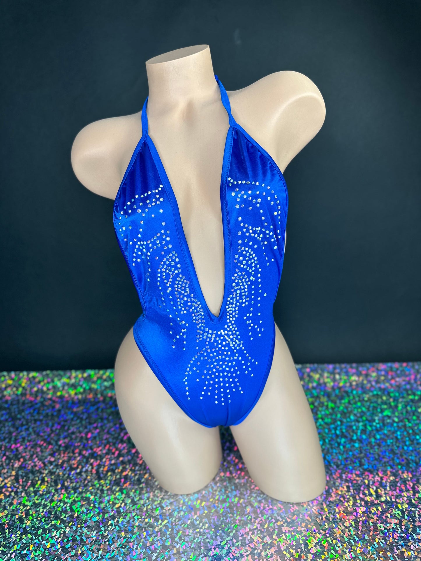 McKenna royal blue rhinestone bodysuit construction detail — Golddiggers Boutique exotic dancewear