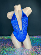 McKenna royal blue rhinestone bodysuit construction detail — Golddiggers Boutique exotic dancewear
