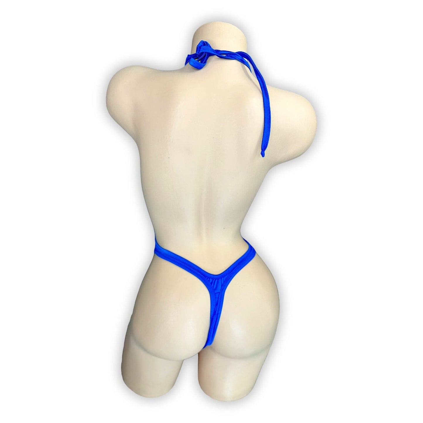 McKenna royal blue rhinestone bodysuit with thong back, back view — Golddiggers Boutique exotic dancewear