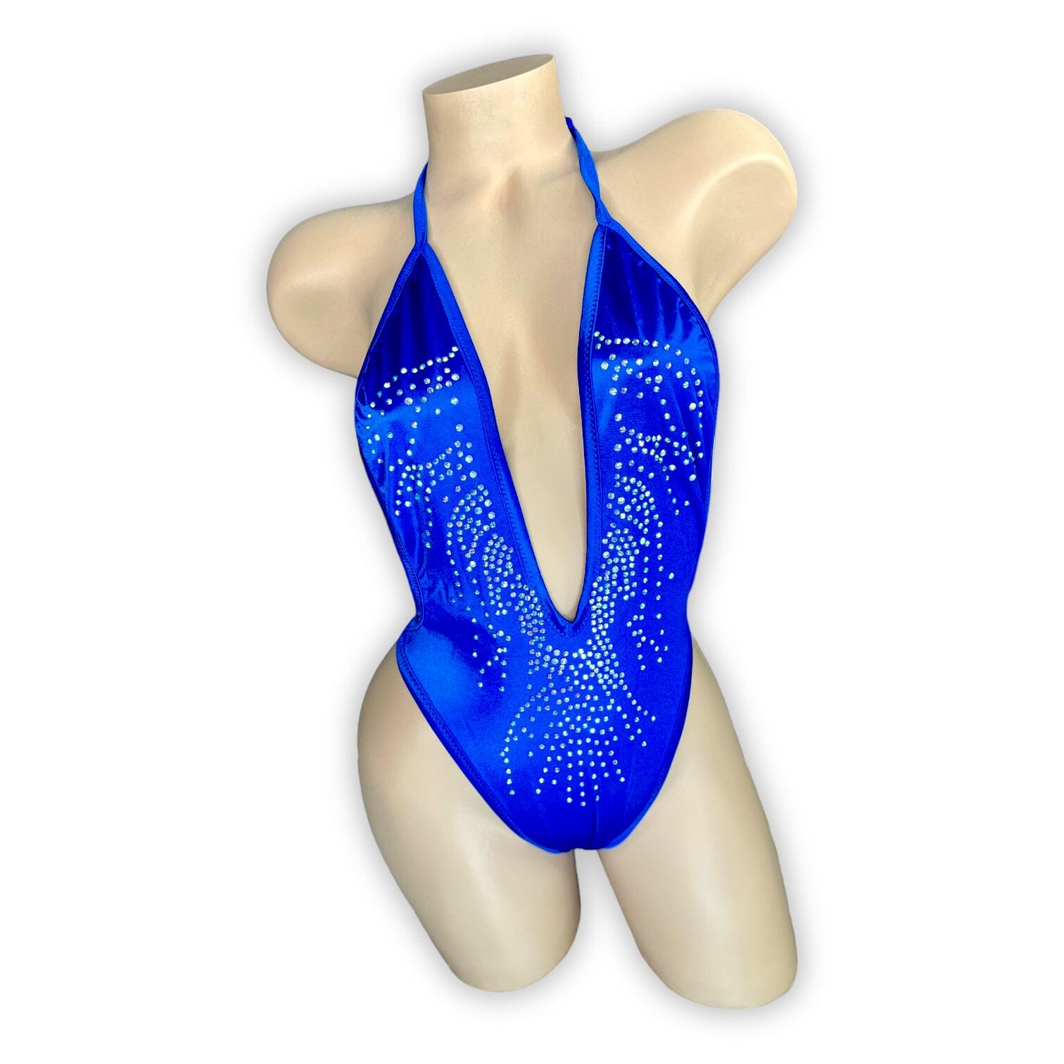 McKenna royal blue rhinestone bodysuit rhinestone appliqué detail, close-up — Golddiggers Boutique exotic dancewear