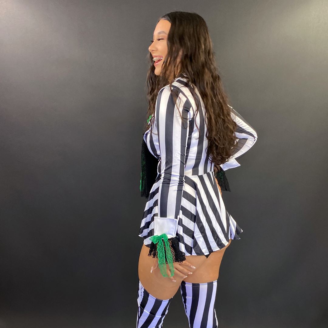 Black white stripe costume exotic dancewear complete set, close-up view — Golddiggers Boutique exotic dancewear