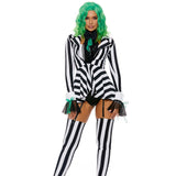 Black white striped Halloween costume set with jacket and green wig, front view — Golddiggers Boutique exotic dancewear