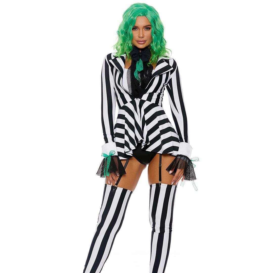 Black white striped Halloween costume set with jacket and green wig, front view — Golddiggers Boutique exotic dancewear