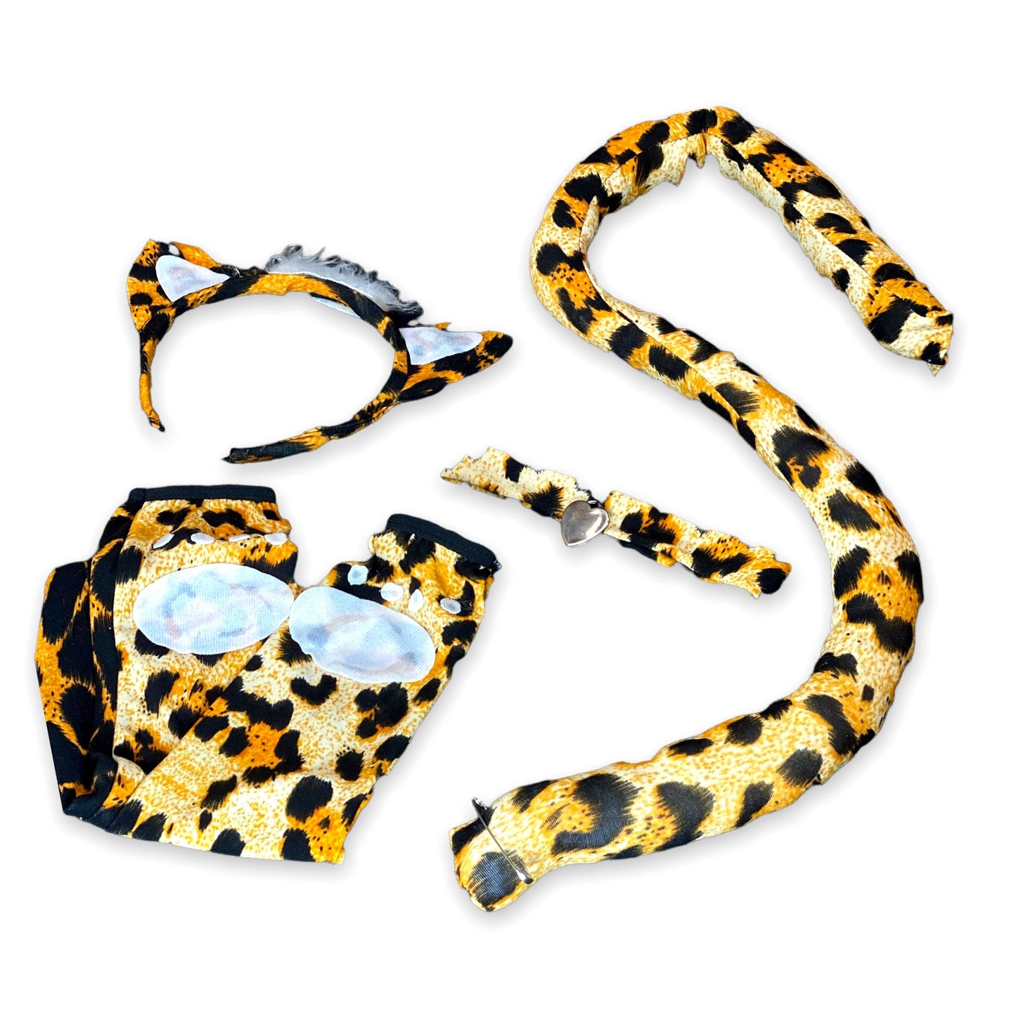 Leopard print costume kit with fingerless gloves, kitty ears headband and tail, front view — Golddiggers Boutique exotic dancewear