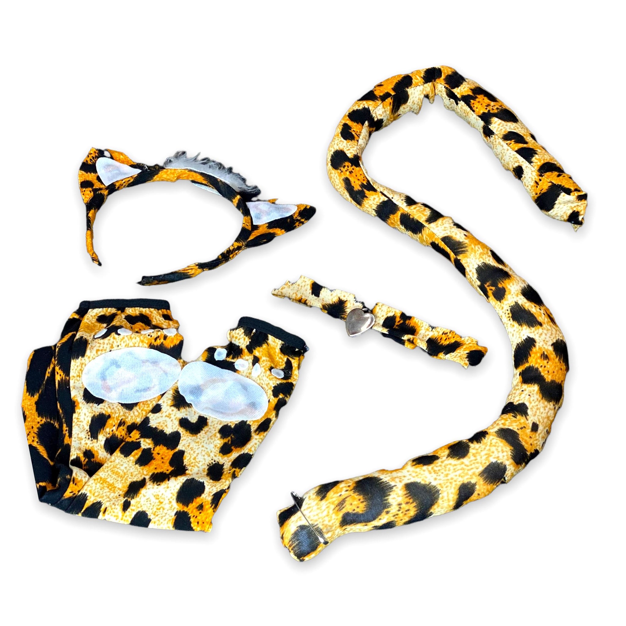 Leopard print costume kit with fingerless gloves, kitty ears headband and tail, front view — Golddiggers Boutique exotic dancewear