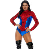 Spider Woman metallic costume set in red, black and blue, front view — Golddiggers Boutique exotic dancewear