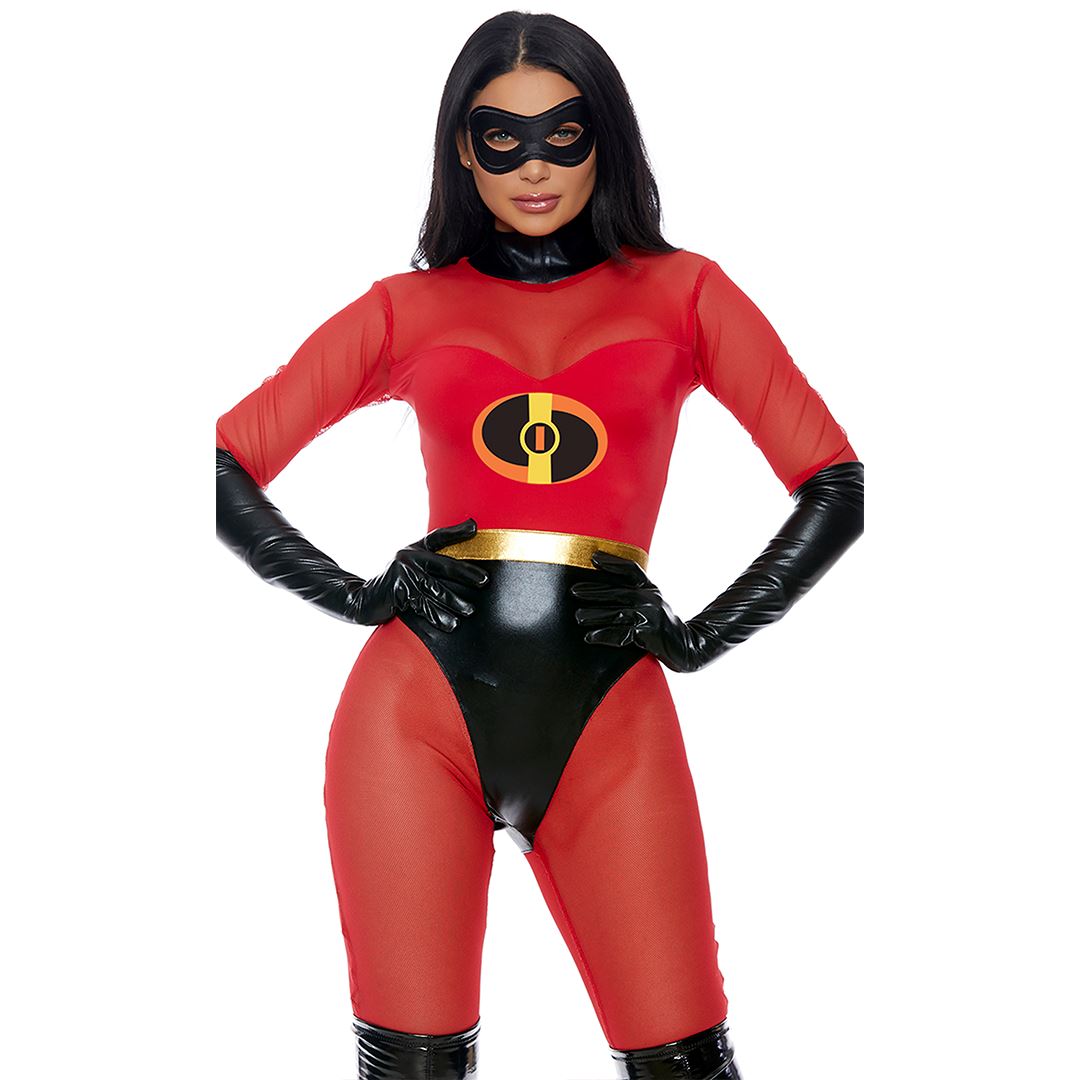 Red & gold super suit costume with black mask and vinyl gloves, front view — Golddiggers Boutique exotic dancewear