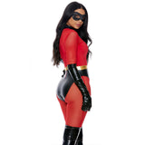 Super suit costume set detail showing jumpsuit design and accessories, flat lay — Golddiggers Boutique exotic dancewear