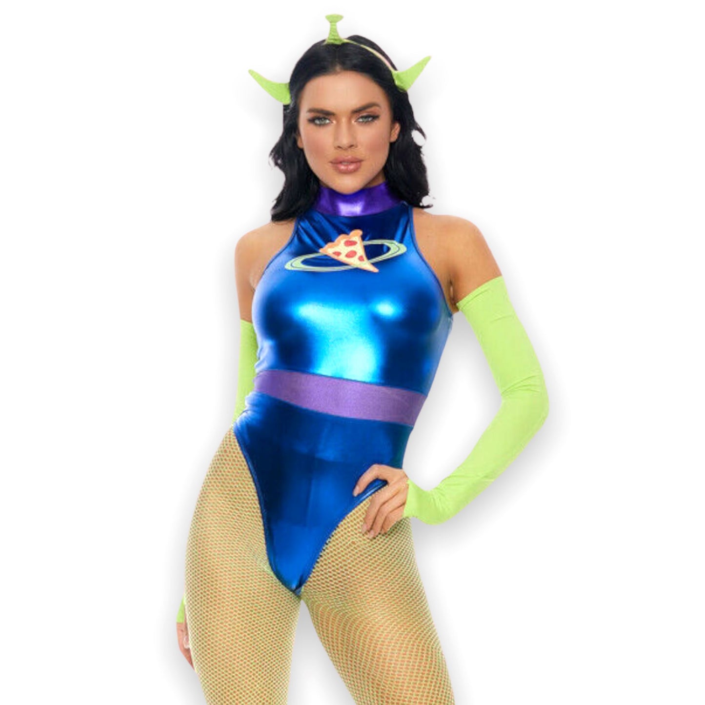 Metallic purple alien costume set with neon green accessories, front view — Golddiggers Boutique exotic dancewear