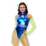 Metallic purple alien costume set with neon green accessories, front view — Golddiggers Boutique exotic dancewear