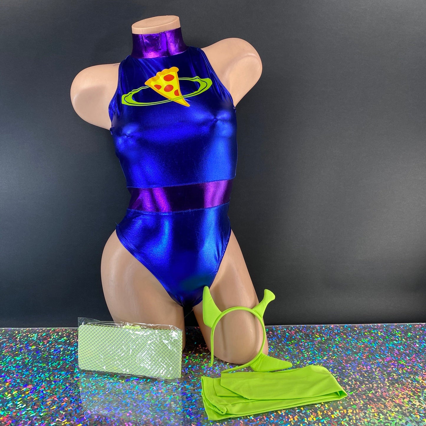 Purple and blue metallic bodysuit with zipper closure, back view — Golddiggers Boutique exotic dancewear