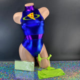 Purple and blue metallic bodysuit with zipper closure, back view — Golddiggers Boutique exotic dancewear