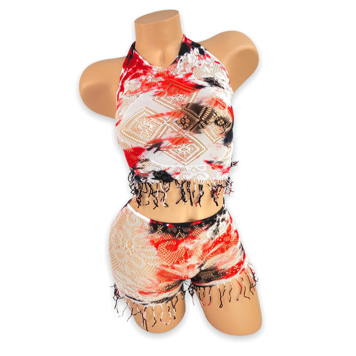 Shannon tie-dye fishnet halter set red black white, front view — Golddiggers Boutique exotic dancewear
