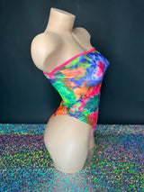 Tie-dye tube bodysuit colorful pattern, full view — Golddiggers Boutique exotic dancewear