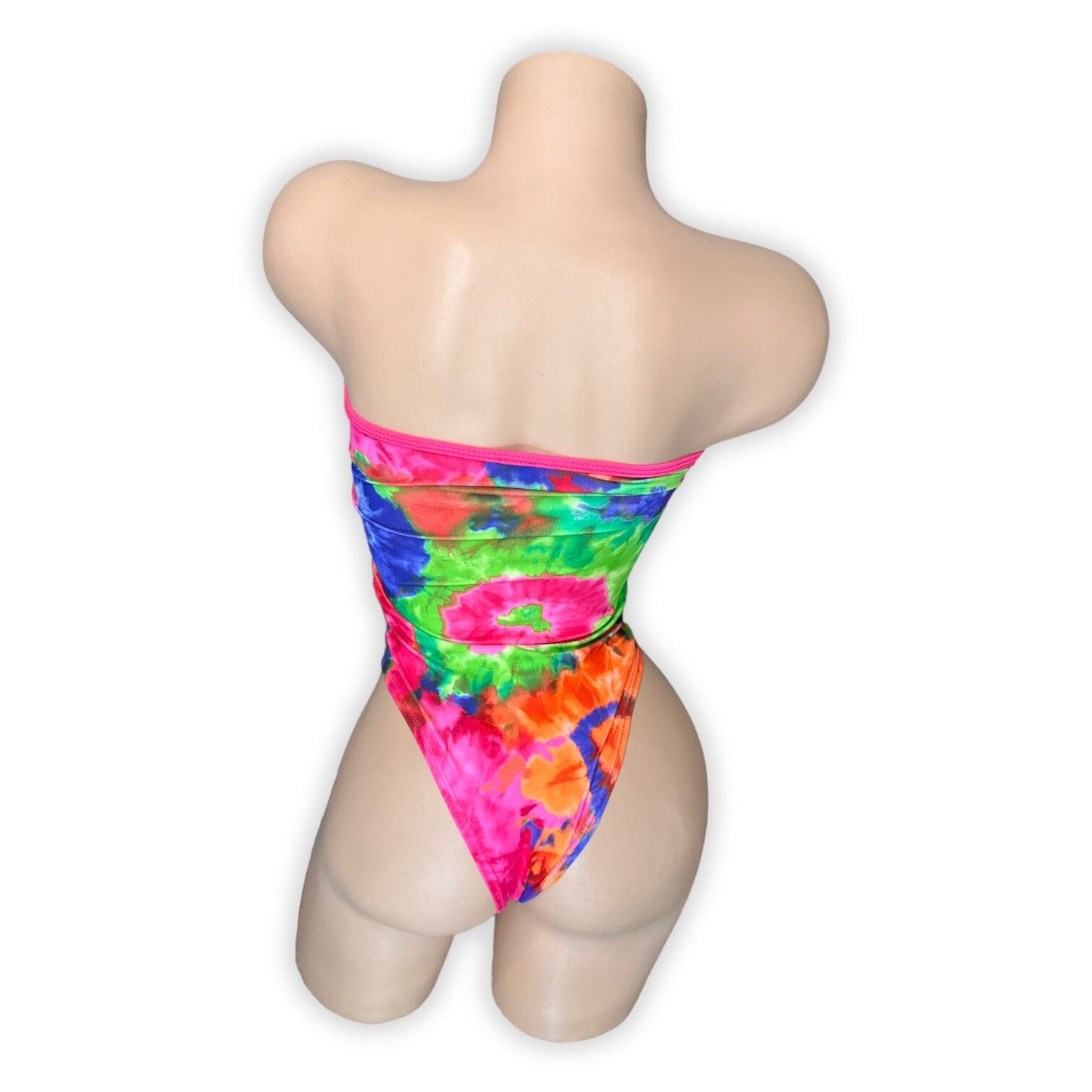 Tie-dye tube bodysuit high cut legs, side view — Golddiggers Boutique exotic dancewear