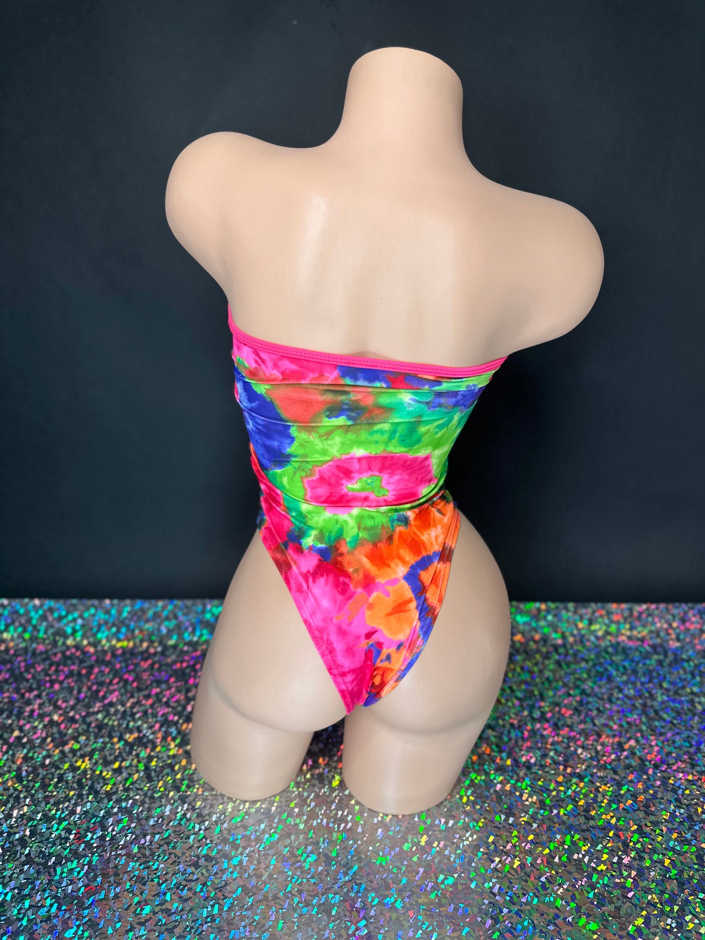 Tie-dye tube bodysuit strapless fit, front detail — Golddiggers Boutique exotic dancewear