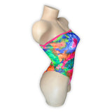 Tie-dye tube bodysuit thong back detail, close-up — Golddiggers Boutique exotic dancewear
